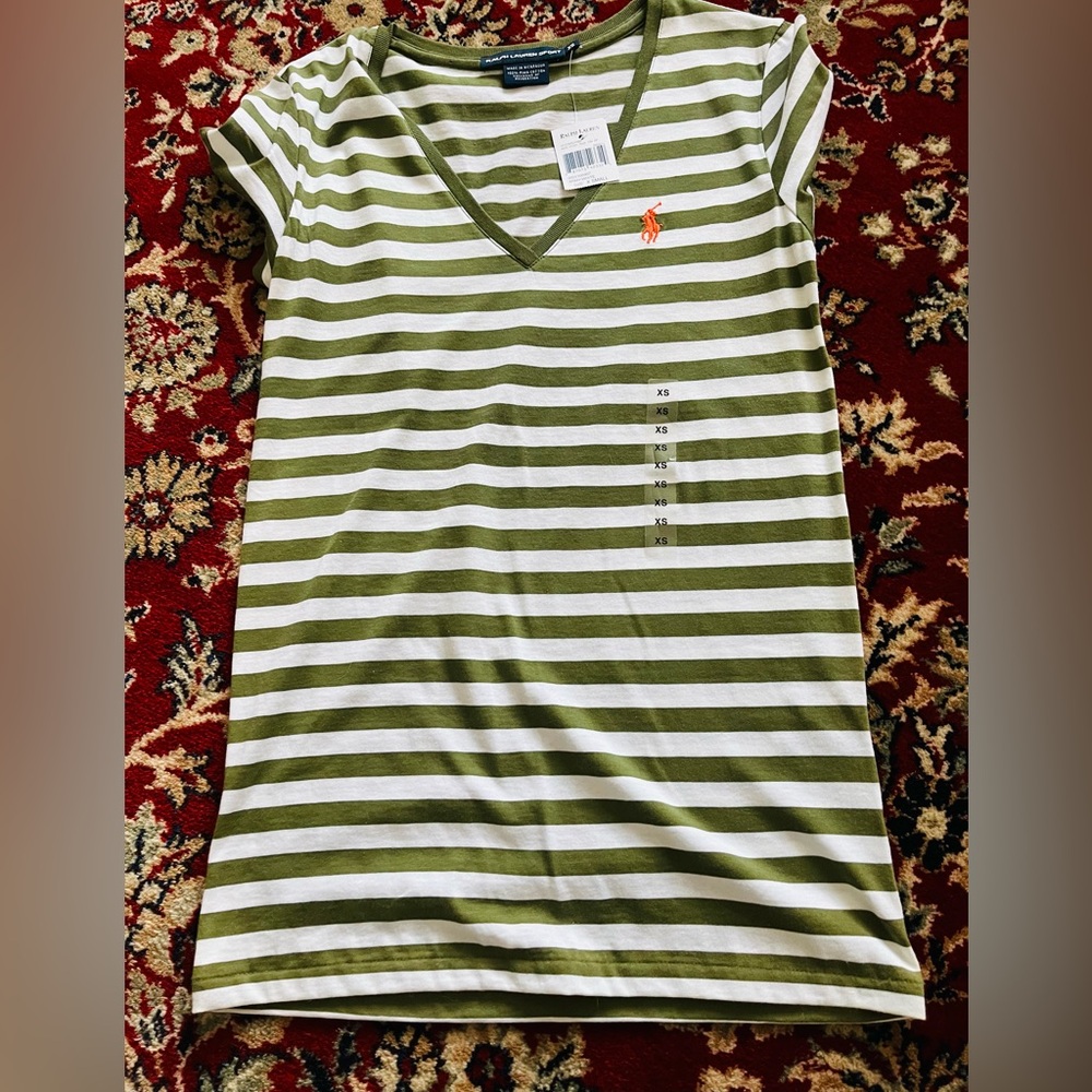 Women NWT Ralph Lauren Sport Olive & White Striped V‑Neck Tshirt